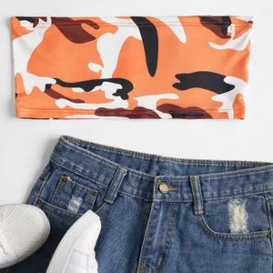 Camo Print Bandeau Tube Top - Dark Orange S
